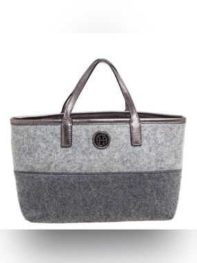 Tory Burch Ashley tote bag two-tone gray wool felt with pewter leather trim